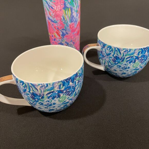 ~ Lilly Pulitzer 2 Blue Floral Hidden Lion Mugs Gold Handles+Pink Floral Tumbler - Picture 12 of 16
